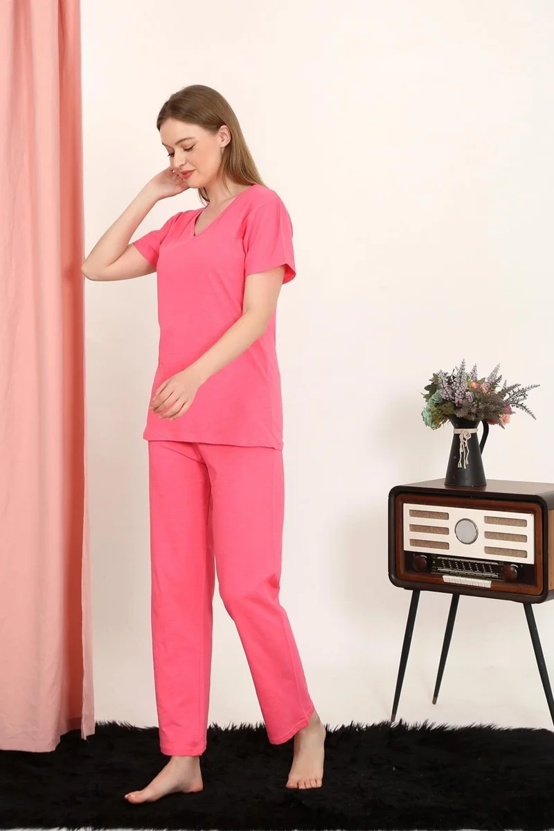 Akbeniz Women's Short Sleeve Cotton Combed Pajama Set Fuchsia 4213