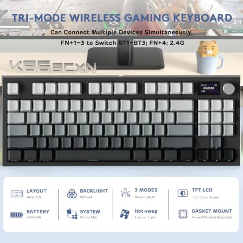 لوحة مفاتيح ألعاب هجين عالية الأداء ATTACK SHARK K86 RGB 75اللاسلكية مع مفتاح ميكانيكي وزر تنقل ثلاثي الوضعيات بلوتوث 5.0، 2.4 جيجاهرتز، USB-C قابلة للاستبدال السريع، أزرار مطبوعة على الجانب، بطارية بسعة 4000 مللي أمبير، كابل للتحكم، مفاتيح خطية—إضاءة قمرية - Image 2