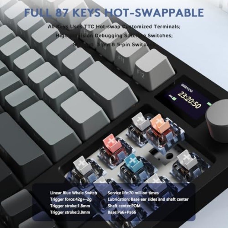 لوحة مفاتيح ألعاب هجين عالية الأداء ATTACK SHARK K86 RGB 75اللاسلكية مع مفتاح ميكانيكي وزر تنقل ثلاثي الوضعيات بلوتوث 5.0، 2.4 جيجاهرتز، USB-C قابلة للاستبدال السريع، أزرار مطبوعة على الجانب، بطارية بسعة 4000 مللي أمبير، كابل للتحكم، مفاتيح خطية—إضاءة قمرية - Image 5