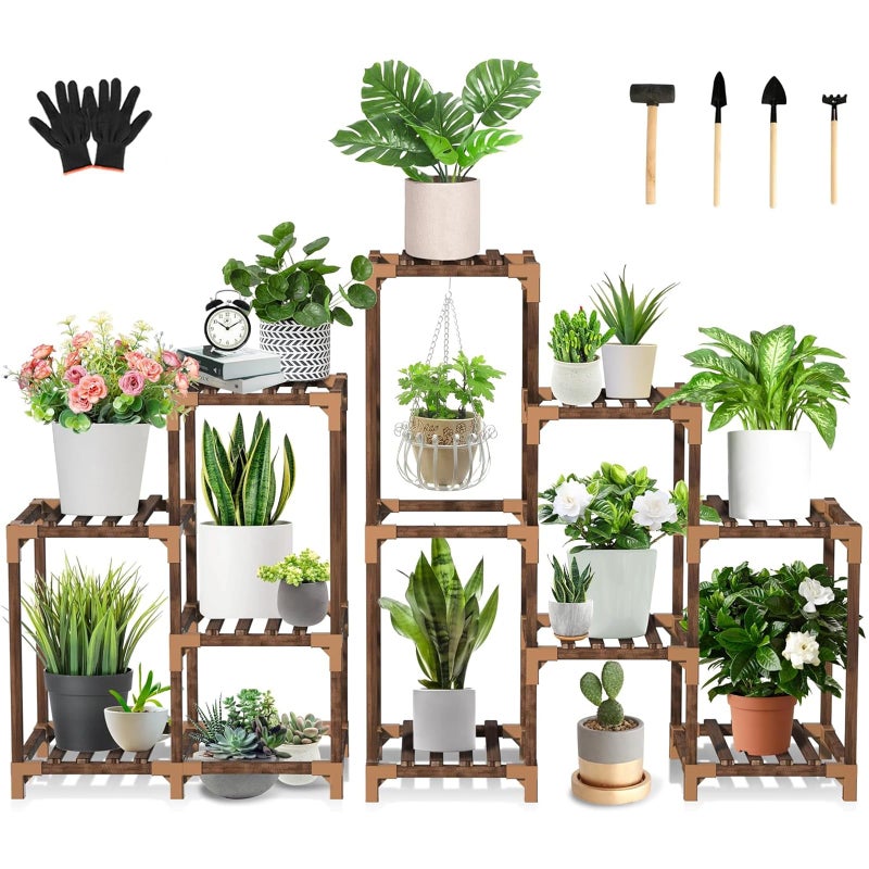 Uneedem Wood Plant Stand Indoor Outdoor Corner Plant Shelf Stand, 5 Tiered 10 Potted Flower Plant Stands for Indoor Plants Multiple, Plant Shelves Stands Rack for Living Room, Patio, Balcony - Image 1