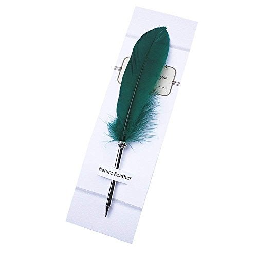 OPENDGO Feather Ballpoint Pen,Black Ink Vintage Feather Quill Refined Plated Rod Quill Ballpoint Pen For School Writing Wedding Gift Signature Pen (Green) - Image 5