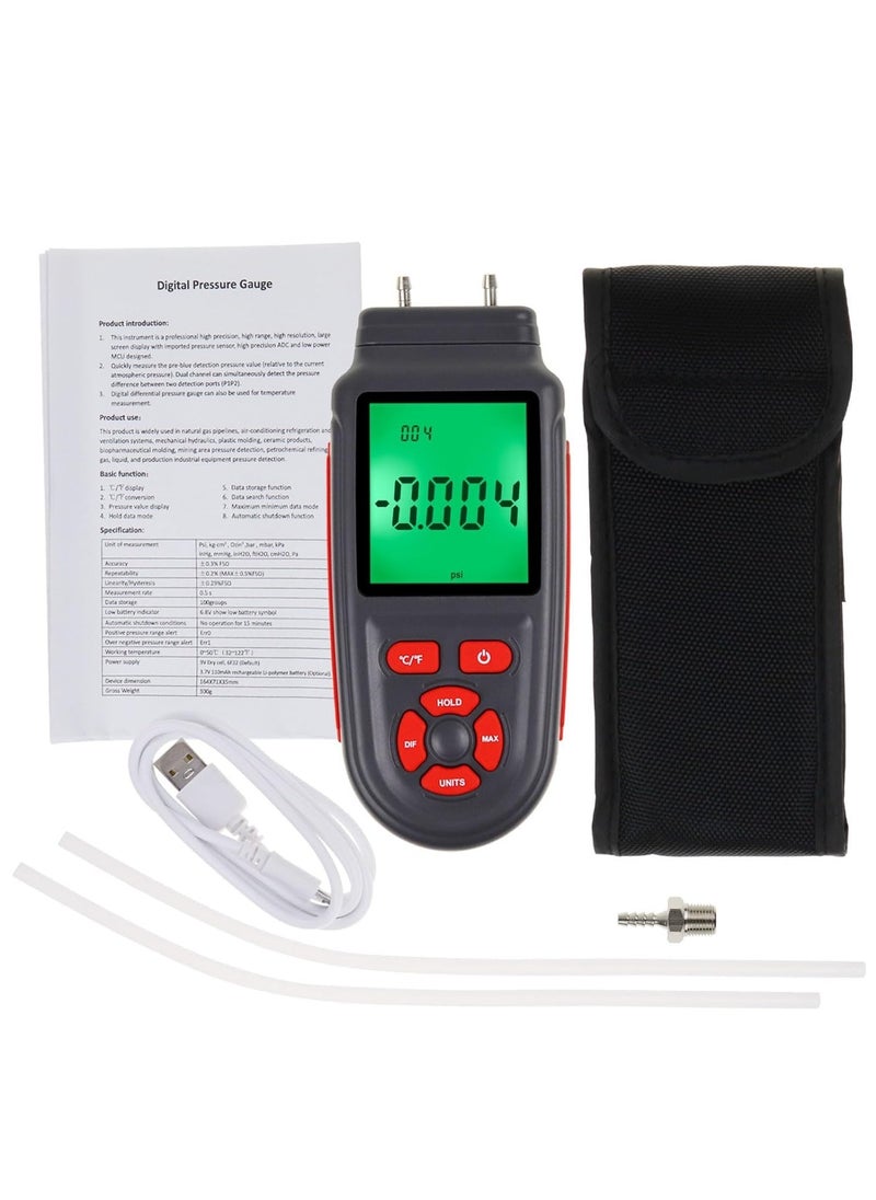 SYOSI - Manometer Selectable Units Differential Pressure Gauge ±3Psi High Measuring Range HVAC 12 Professional Handheld Dual-Port Air Temperature Meter - Image 1