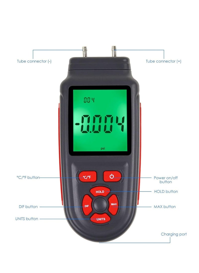 SYOSI - Manometer Selectable Units Differential Pressure Gauge ±3Psi High Measuring Range HVAC 12 Professional Handheld Dual-Port Air Temperature Meter - Image 1