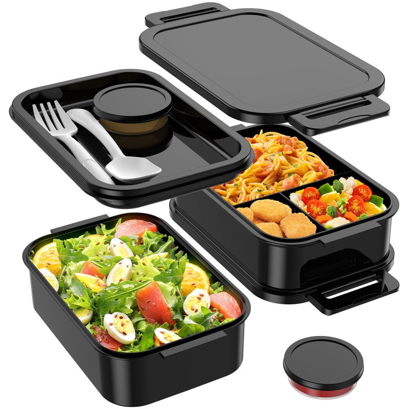 Jelife Adult Bento Box Lunch Box - Large Style Stackable Bento Lunch Box for Adults, 72oz All-in-One 3 Layers Bento Boxes Leak-Proof Lunchbox with Utensil Sauce Containers for Dining Out,Work, Black - Image 1