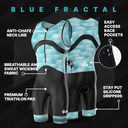 SLS3 Triathlon Suits Mens - Premium Trisuit Triathlon Men - Sleeveless, Quick Drying Tri Kit with Large Back Pocket (Blue Fractal, Small) - Image 3