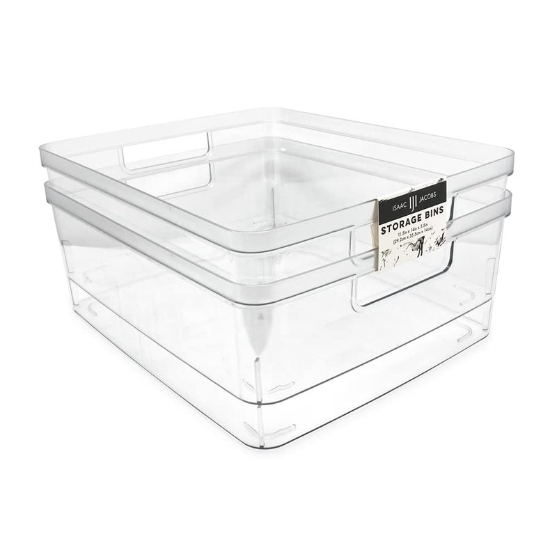 Isaac Jacobs 2-Pack Large Clear Storage Bins (11.5â€ L x 14â€ W x 5.5â€ H) w/Cutout Handles, Plastic Organizer for Home, Office, Kitchen, Fridge/Freezer, Bathroom, BPA Free, Food Safe (Large) - Image 1