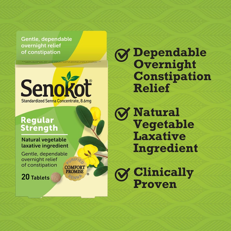 Senokot Regular Strength, Natural Vegetable Laxative Ingredient senna for Gentle Dependable Overnight Relief of Occasional Constipation, 20 Tablets - Image 2