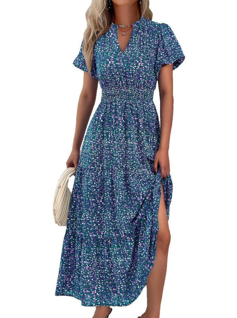 MASCOMODA Summer Maxi Dresses for Women 2025 Casual V Neck Puff Short Sleeve Smocked Flowy Beach Boho Long Floral Dress(Floral Purple Green,Medium) - Image 1