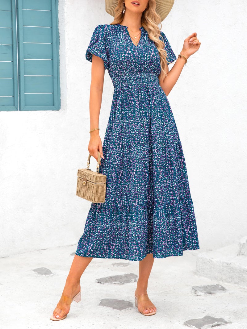MASCOMODA Summer Maxi Dresses for Women 2025 Casual V Neck Puff Short Sleeve Smocked Flowy Beach Boho Long Floral Dress(Floral Purple Green,Medium) - Image 2