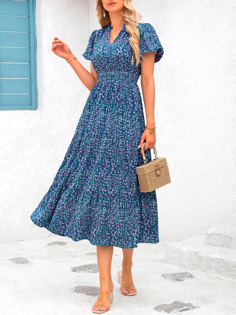 MASCOMODA Summer Maxi Dresses for Women 2025 Casual V Neck Puff Short Sleeve Smocked Flowy Beach Boho Long Floral Dress(Floral Purple Green,Medium) - Image 5