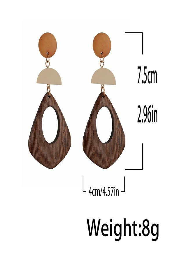 STWTR Women's Natural Wood Earrings Variety of Fashion Earrings Stainless Steel Earrings Minimalist Retro Earring Set Wooden Natural Hollow Earrings Curved - Image 4
