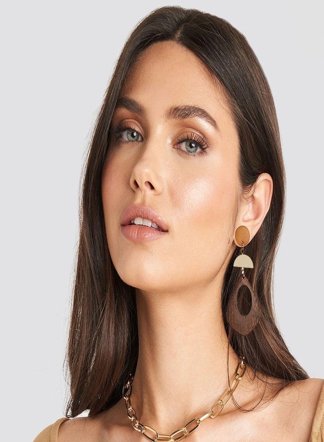 STWTR Women's Natural Wood Earrings Variety of Fashion Earrings Stainless Steel Earrings Minimalist Retro Earring Set Wooden Natural Hollow Earrings Curved - Image 2