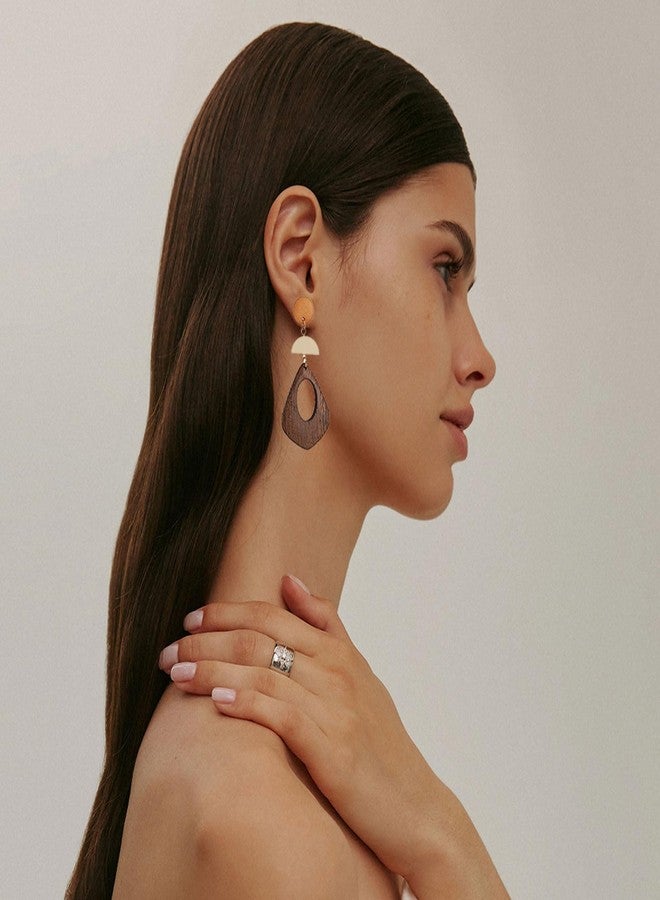 STWTR Women's Natural Wood Earrings Variety of Fashion Earrings Stainless Steel Earrings Minimalist Retro Earring Set Wooden Natural Hollow Earrings Curved - Image 3