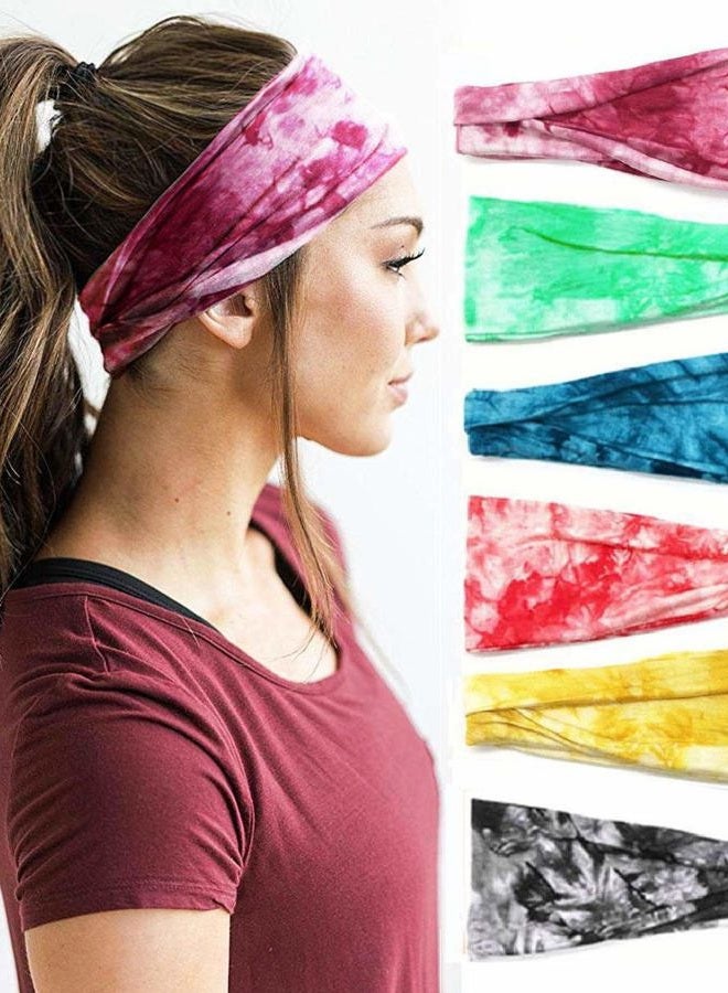 Huachi Women's Headbands for Yoga, Workout, Exercise - 6Pcs Elastic Hair Bands for Women's Hair - Tie Dye Bandeau Headband Sweatbands - Comfy Material - Upgraded Design - One Size - Black - Image 1