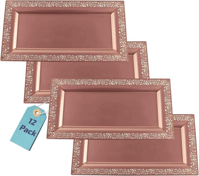 12 PK 14 X 75 ROSE GOLD LACE RIM PLASTIC SERVING TRAYS PLATTERS HEAVY DUTY DISPOSABLE DECORATIVE DESSERT TRAY PARTY PLATTERS FOR UPSCALE PARTIES WEDDINGS