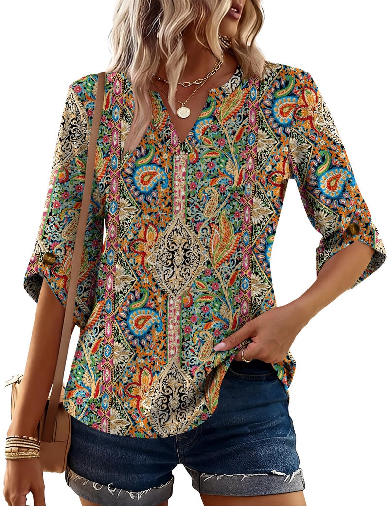 Kistore Boho Tops for Women Going Out 3/4 Sleeve Blouses Casual V Neck Spring 2026 Trendy Clothes Colorful Flowers S - Image 2