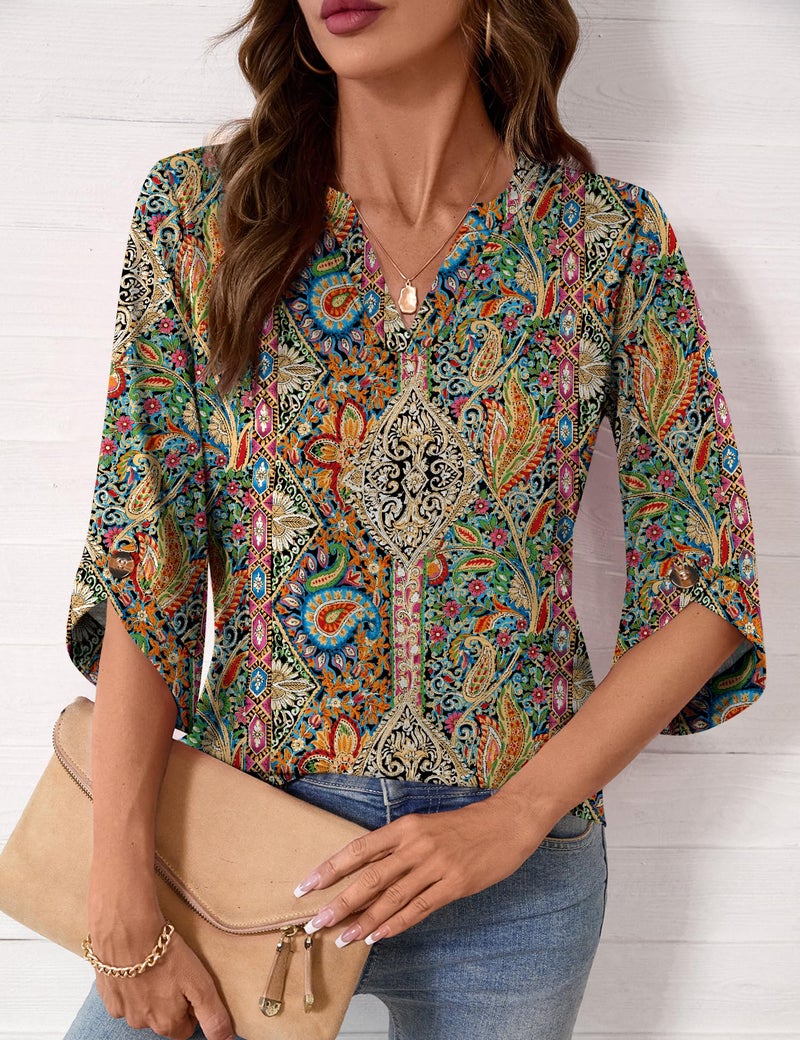 Kistore Boho Tops for Women Going Out 3/4 Sleeve Blouses Casual V Neck Spring 2026 Trendy Clothes Colorful Flowers S - Image 3