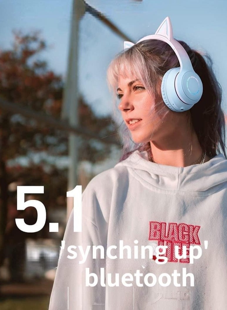 Cat Ear RGB Wireless On Ear Headphones with Purebass Sound Headphones Bluetooth Headphones Wireless Bluetooth Headphones Detachable Microphone Cat Design (Black) - Image 4