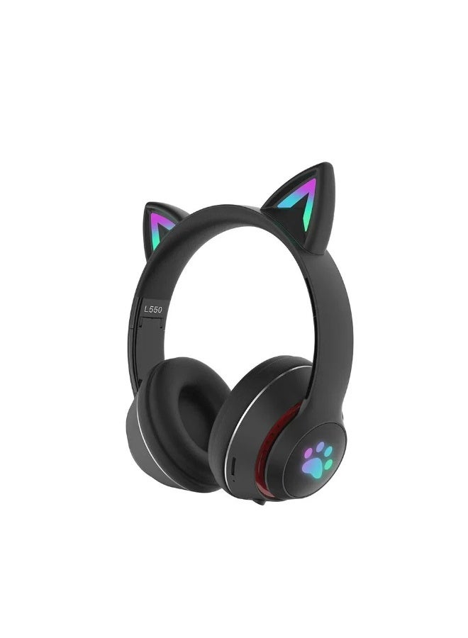 Cat Ear RGB Wireless On Ear Headphones with Purebass Sound Headphones Bluetooth Headphones Wireless Bluetooth Headphones Detachable Microphone Cat Design (Black) - Image 2