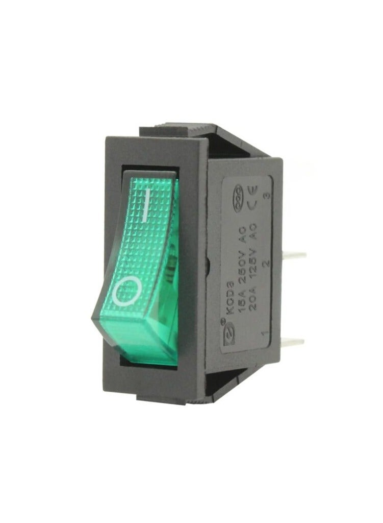 KNP KCD 3 Green Illuminated Rocker Switch is designed for panel mounting providing a reliable and stylish solution for controlling power in various devices With its vibrant green LED light it offers clear visibility and adds a modern touch to any panel. - Image 1