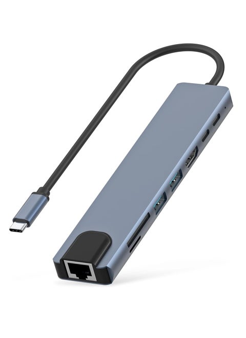 Type C Hub Adapter, 8 in 1 4K HDMI Dongle, 100W RJ45 Ethernet, SD/TF Card Reader, 2 USB 3.0, Aluminum Material Compatible with PC/Mobile/MacBook/Laptop - Grey