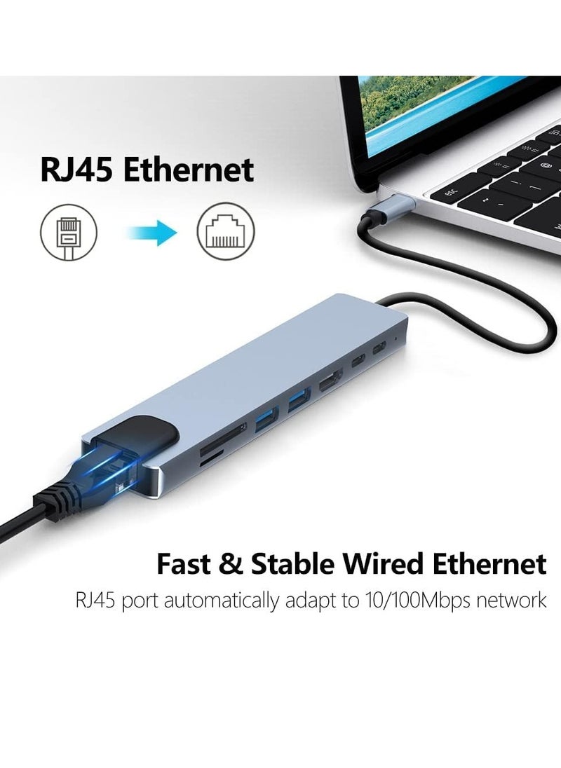 Type C Hub Adapter, 8 in 1 4K HDMI Dongle, 100W RJ45 Ethernet, SD/TF Card Reader, 2 USB 3.0, Aluminum Material Compatible with PC/Mobile/MacBook/Laptop - Grey