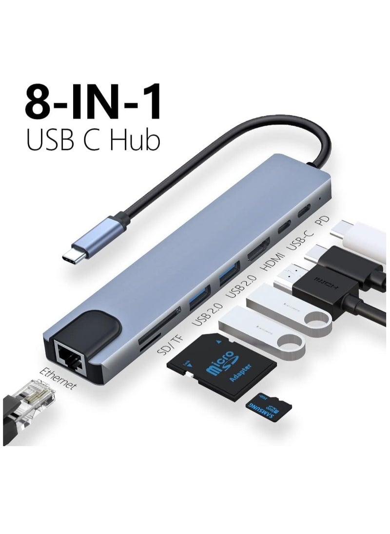 Type C Hub Adapter, 8 in 1 4K HDMI Dongle, 100W RJ45 Ethernet, SD/TF Card Reader, 2 USB 3.0, Aluminum Material Compatible with PC/Mobile/MacBook/Laptop - Grey
