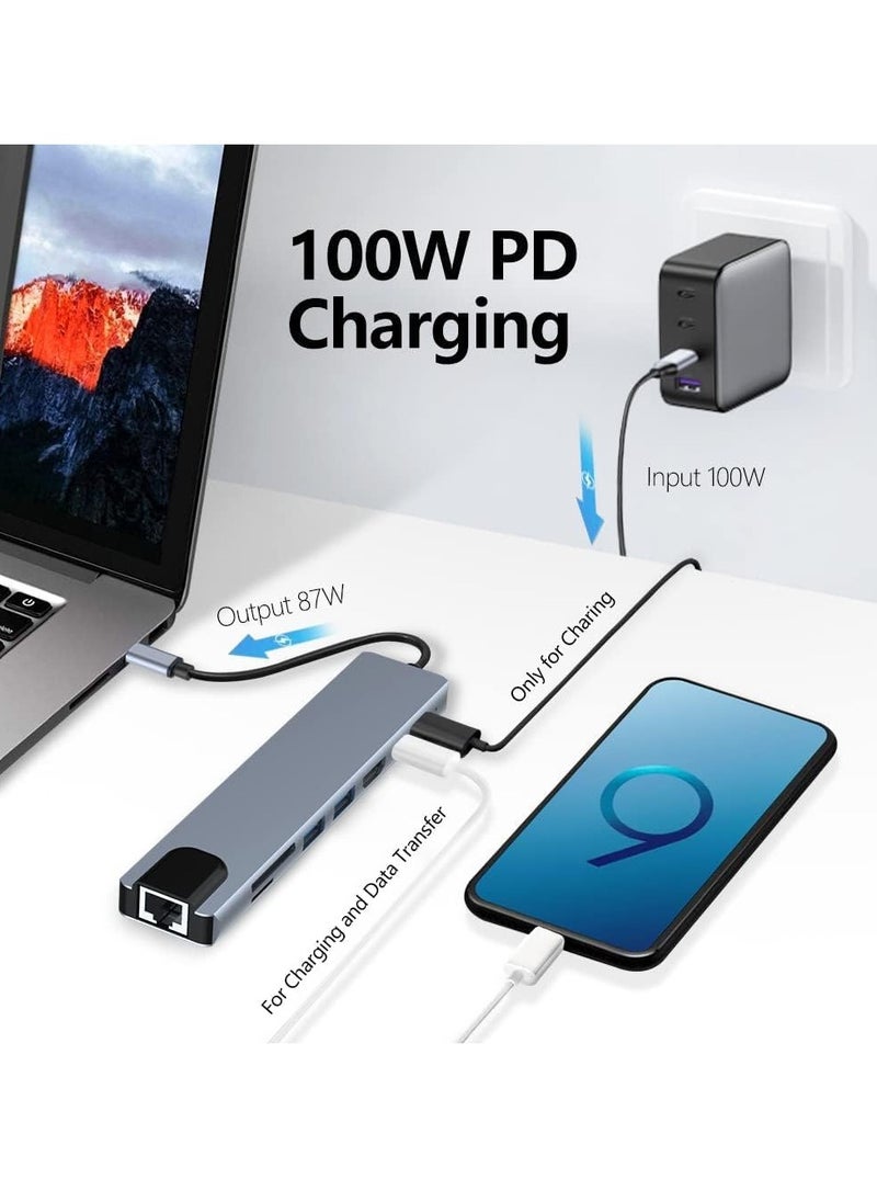 Type C Hub Adapter, 8 in 1 4K HDMI Dongle, 100W RJ45 Ethernet, SD/TF Card Reader, 2 USB 3.0, Aluminum Material Compatible with PC/Mobile/MacBook/Laptop - Grey