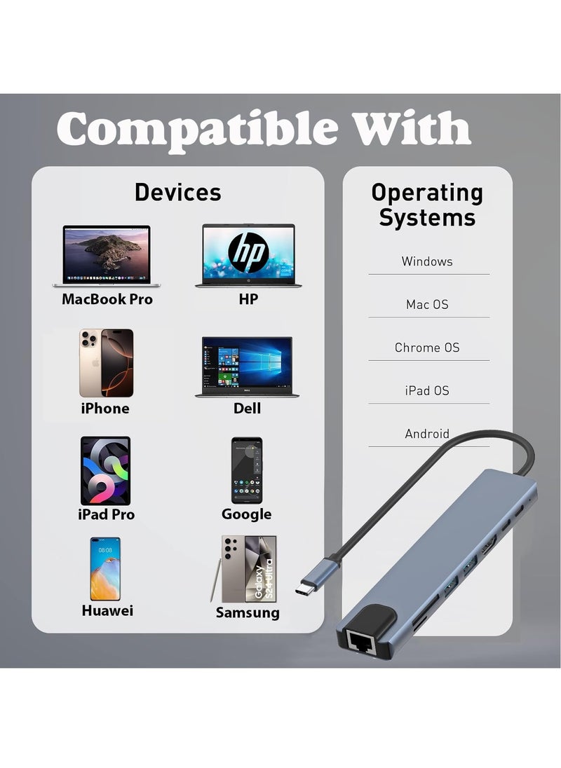 Type C Hub Adapter, 8 in 1 4K HDMI Dongle, 100W RJ45 Ethernet, SD/TF Card Reader, 2 USB 3.0, Aluminum Material Compatible with PC/Mobile/MacBook/Laptop - Grey