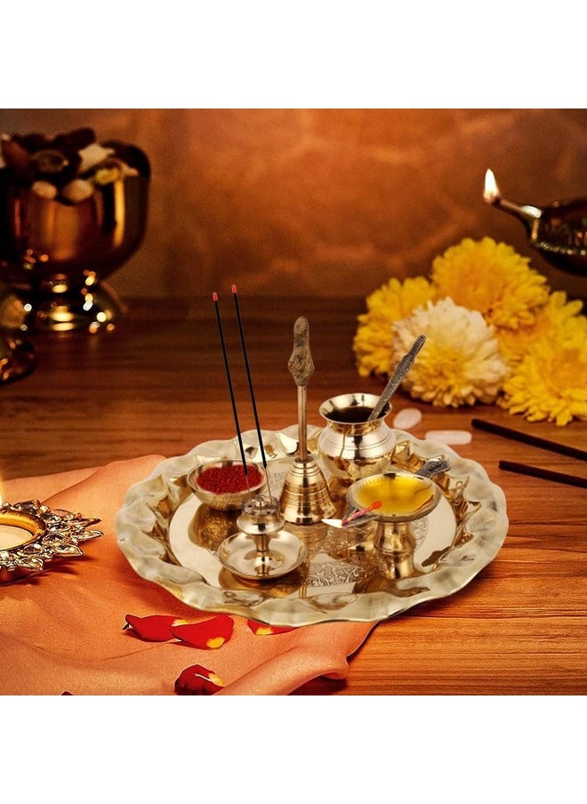 Hashcart Hashcart Brass Pooja Thali Brass Plate Indian Thali - Aarti Thali, Haldi Kumkum Return Gift - Brass Indian Pooja Thali Set [8.7 inch]  - Image 2