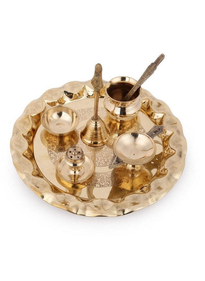Hashcart Hashcart Brass Pooja Thali Brass Plate Indian Thali - Aarti Thali, Haldi Kumkum Return Gift - Brass Indian Pooja Thali Set [8.7 inch]  - Image 1