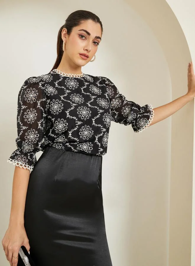 Styli Women Black Embroidered Blouse