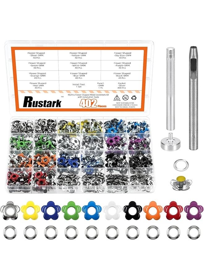 Rustark Rustark 403Pcs 10 Colors 5mm Flower Eyelet Grommets Assortment Kit with 3Pcs Grommet Setting Tools, Floral Metal Eyelet Grommet Flower Shaped Craft Eyelet Findings for Shoes Clothes Leather DIY Craft  - Image 1