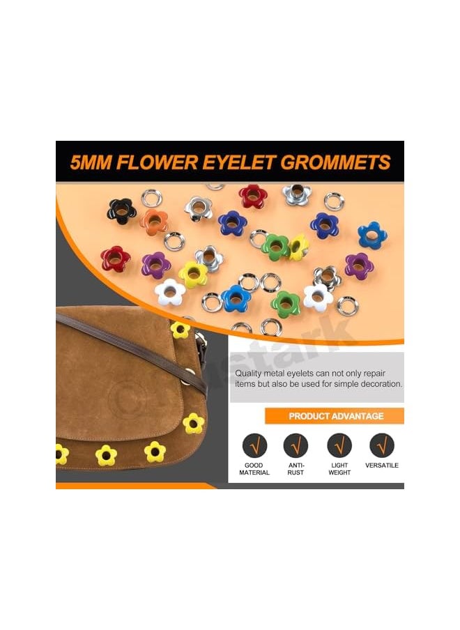 Rustark Rustark 403Pcs 10 Colors 5mm Flower Eyelet Grommets Assortment Kit with 3Pcs Grommet Setting Tools, Floral Metal Eyelet Grommet Flower Shaped Craft Eyelet Findings for Shoes Clothes Leather DIY Craft  - Image 5
