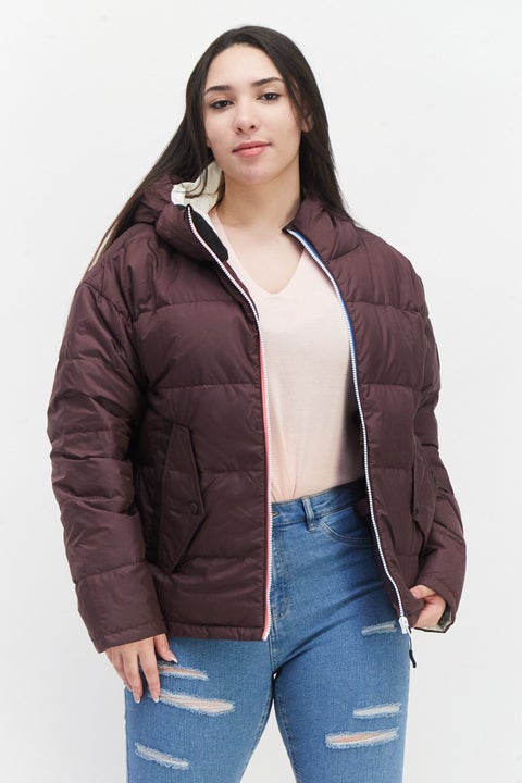 Women Quilted Puffer Jacket, Dark Maroon Combo