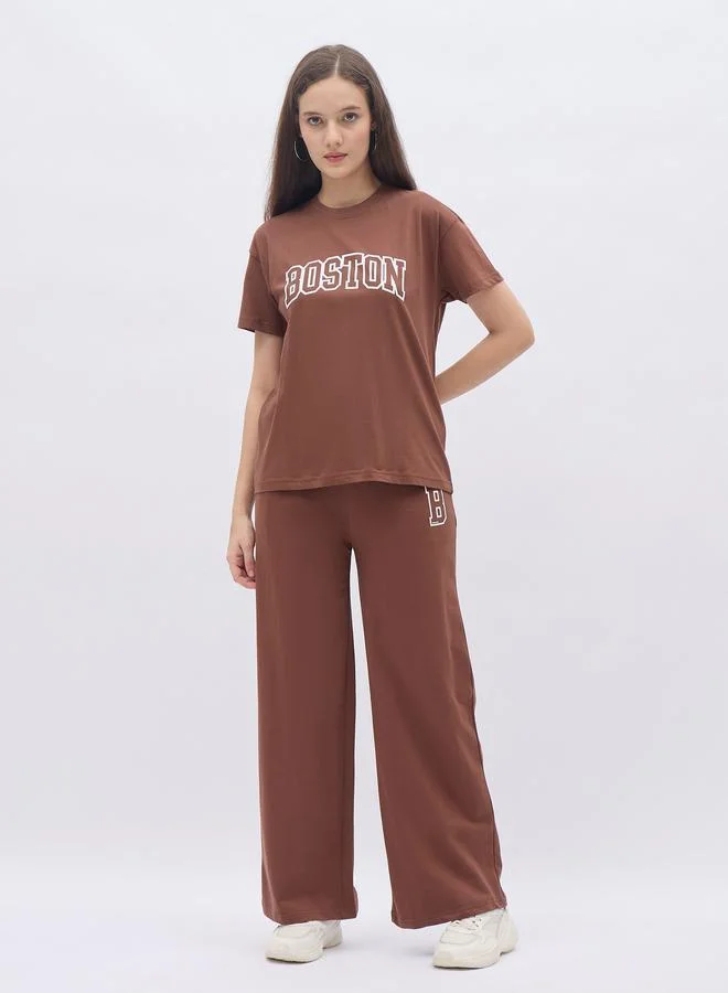 Styli Styli Brown Graphic Boxy T-Shirt and Wide Leg Joggers Co-Ords