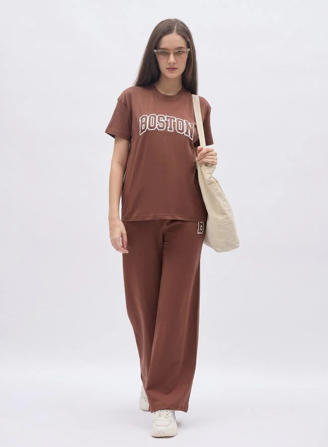Styli Styli Brown Graphic Boxy T-Shirt and Wide Leg Joggers Co-Ords