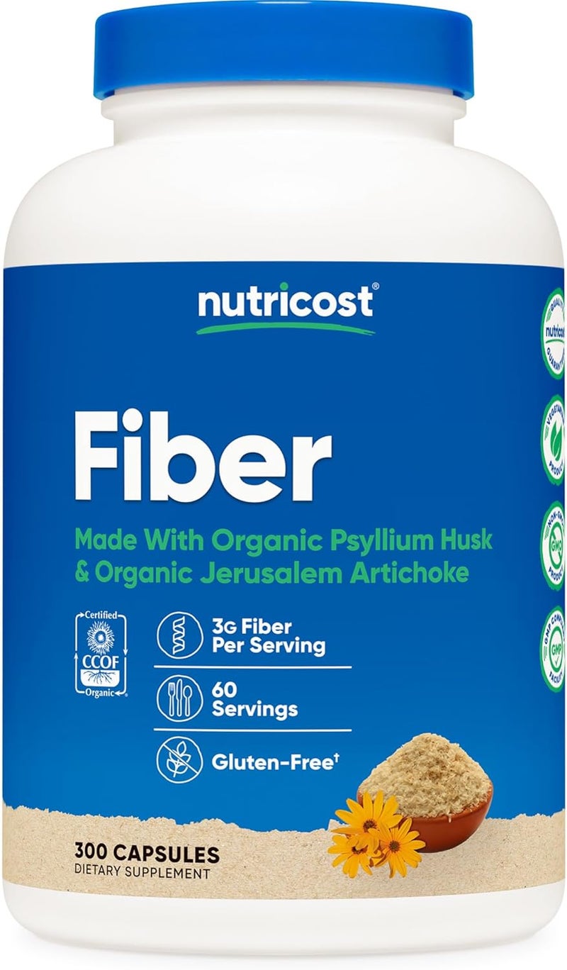 Nutricost Fiber Capsules with Prebiotic Fiber Supplement 300 Capsules  Made with Organic Psyllium Husk  Organic Jerusalem Artichoke 60 Servings Gluten Free 3 G Per Serving - Image 1