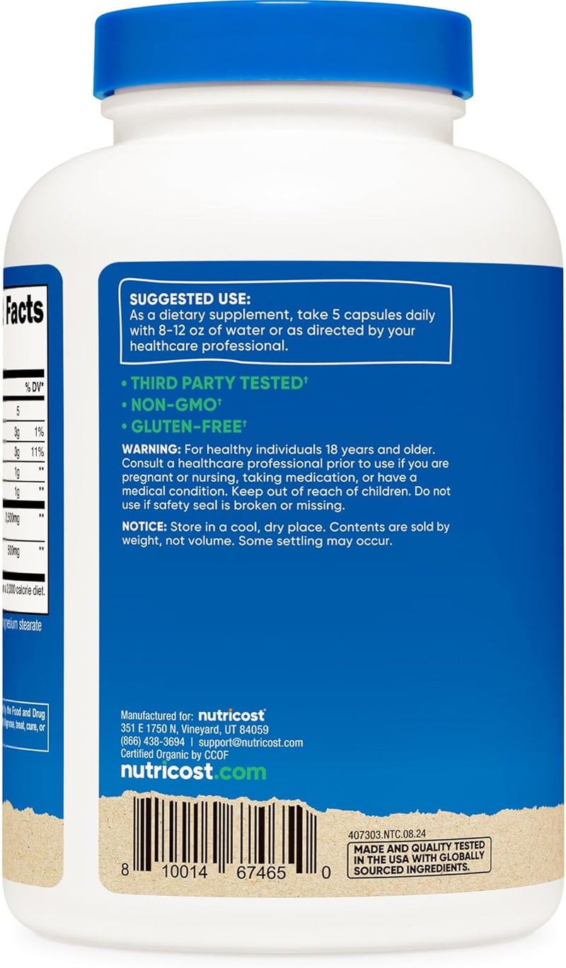 Nutricost Fiber Capsules with Prebiotic Fiber Supplement 300 Capsules  Made with Organic Psyllium Husk  Organic Jerusalem Artichoke 60 Servings Gluten Free 3 G Per Serving - Image 4
