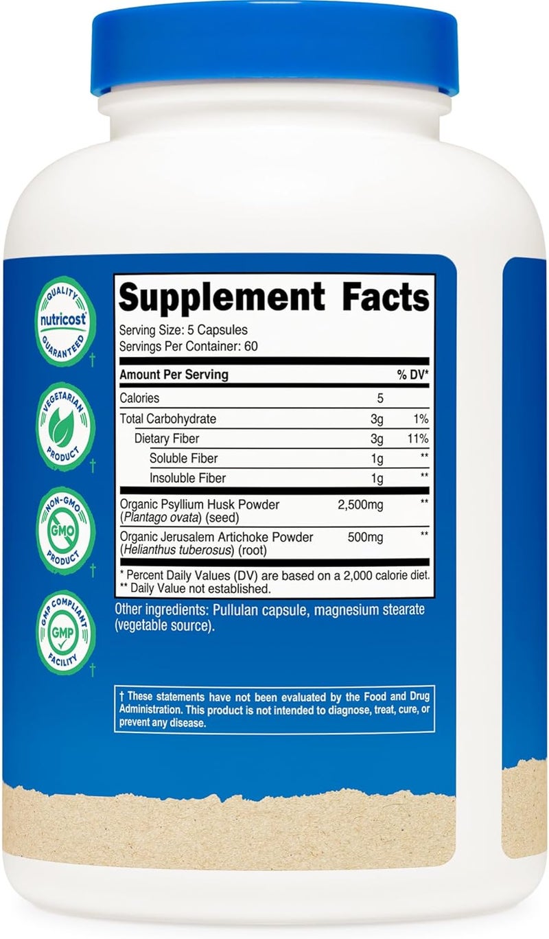 Nutricost Fiber Capsules with Prebiotic Fiber Supplement 300 Capsules  Made with Organic Psyllium Husk  Organic Jerusalem Artichoke 60 Servings Gluten Free 3 G Per Serving - Image 5