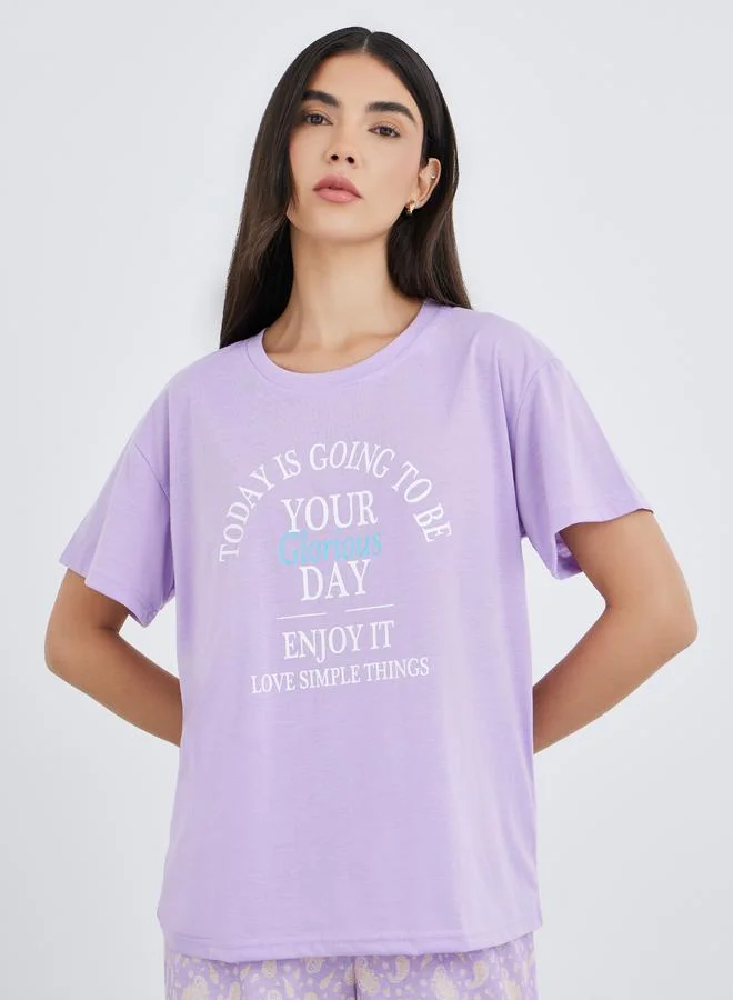 Styli Styli Women Lilac Slogan Print Dropped Shoulder T-Shirt and Paisley Print Pyjama Set