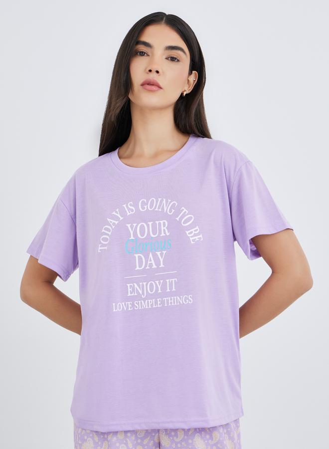 Styli Women Lilac Slogan Print Dropped Shoulder T-Shirt and Paisley Print Pyjama Set - Image 3