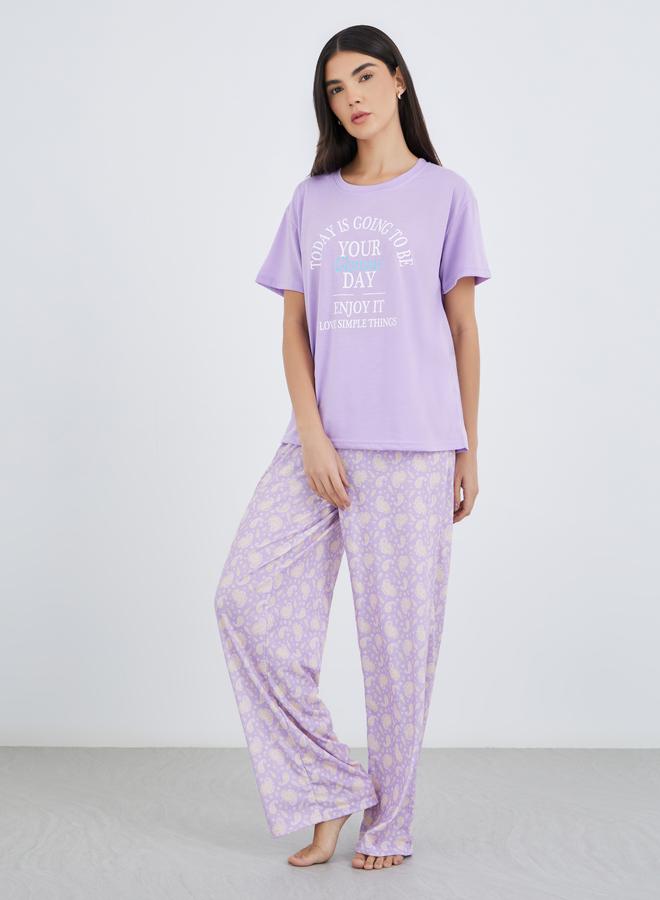 Styli Women Lilac Slogan Print Dropped Shoulder T-Shirt and Paisley Print Pyjama Set - Image 2