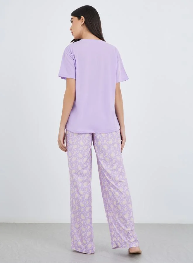 Styli Styli Women Lilac Slogan Print Dropped Shoulder T-Shirt and Paisley Print Pyjama Set