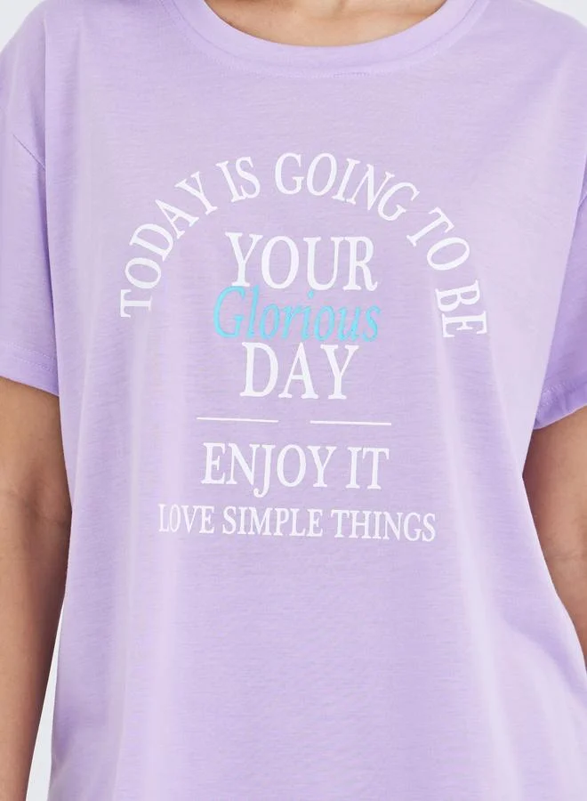 Styli Styli Women Lilac Slogan Print Dropped Shoulder T-Shirt and Paisley Print Pyjama Set