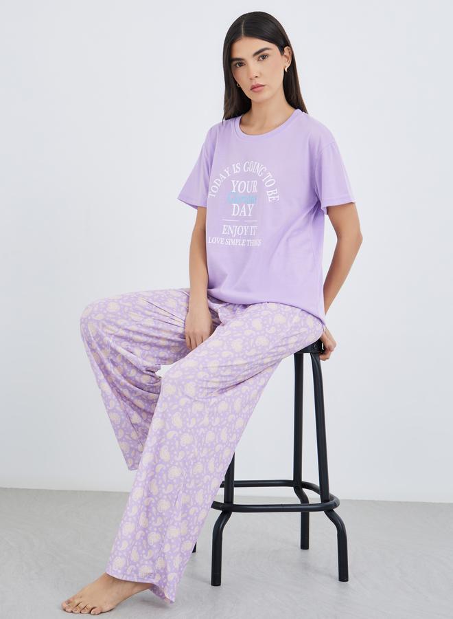 Styli Women Lilac Slogan Print Dropped Shoulder T-Shirt and Paisley Print Pyjama Set - Image 1