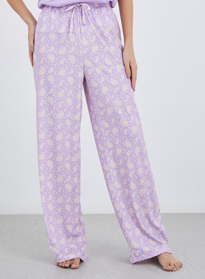 Styli Women Lilac Slogan Print Dropped Shoulder T-Shirt and Paisley Print Pyjama Set - Image 5