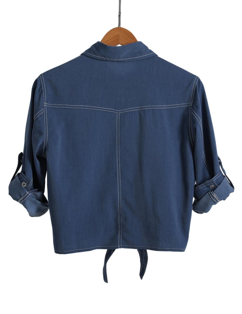 Omoone Women's 3/4 Sleeve Modern Denim Crop Top Tie Knot Shirt Cardigan(DenimBlue-L) - Image 2