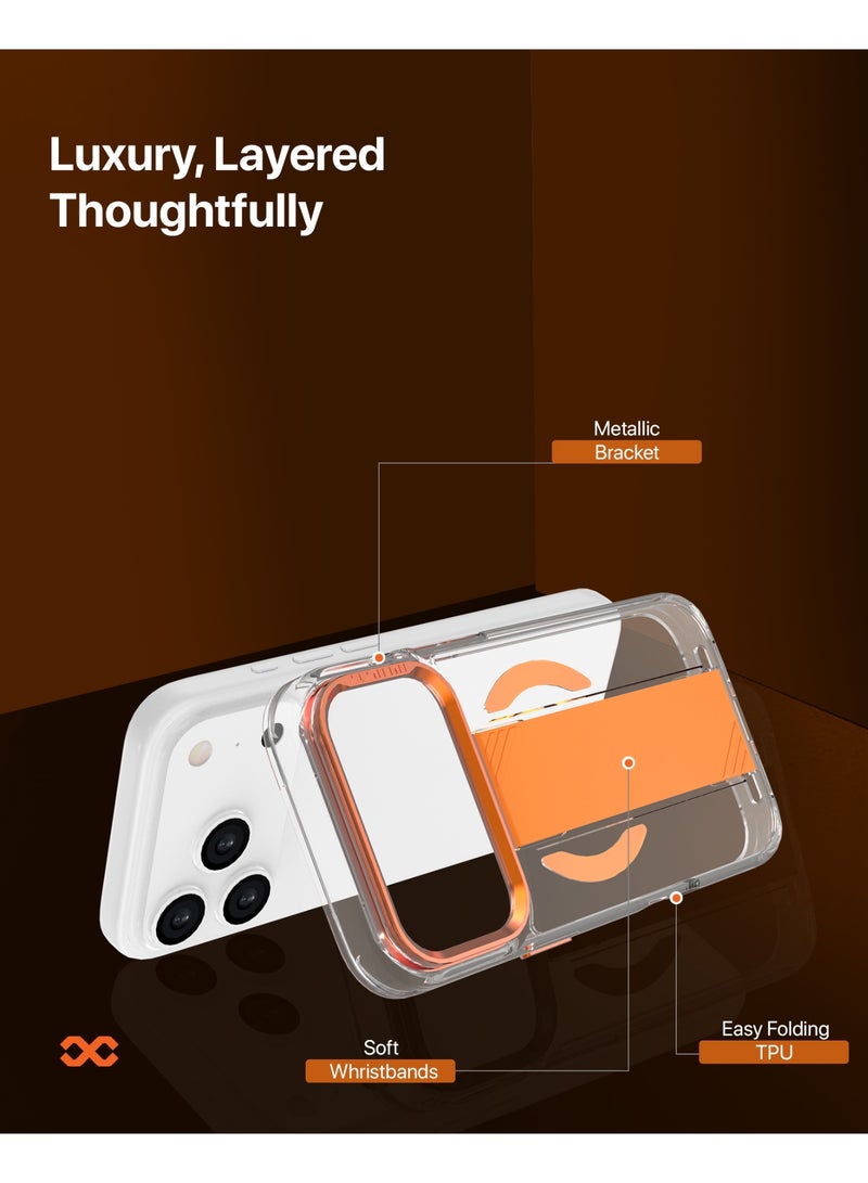 INFINYTY iPhone 17 Pro Clear Case with Soft Orange Grip & Metallic Camera Stand – Grypsta, Premium TPU+PC Build, Anti-Shock Corners, Metallic Buttons, MagSafe Compatible, Raised Camera and Screen Edges, Anti-Yellowing Coating, Durable, Long-Lasting Clarity - Image 4