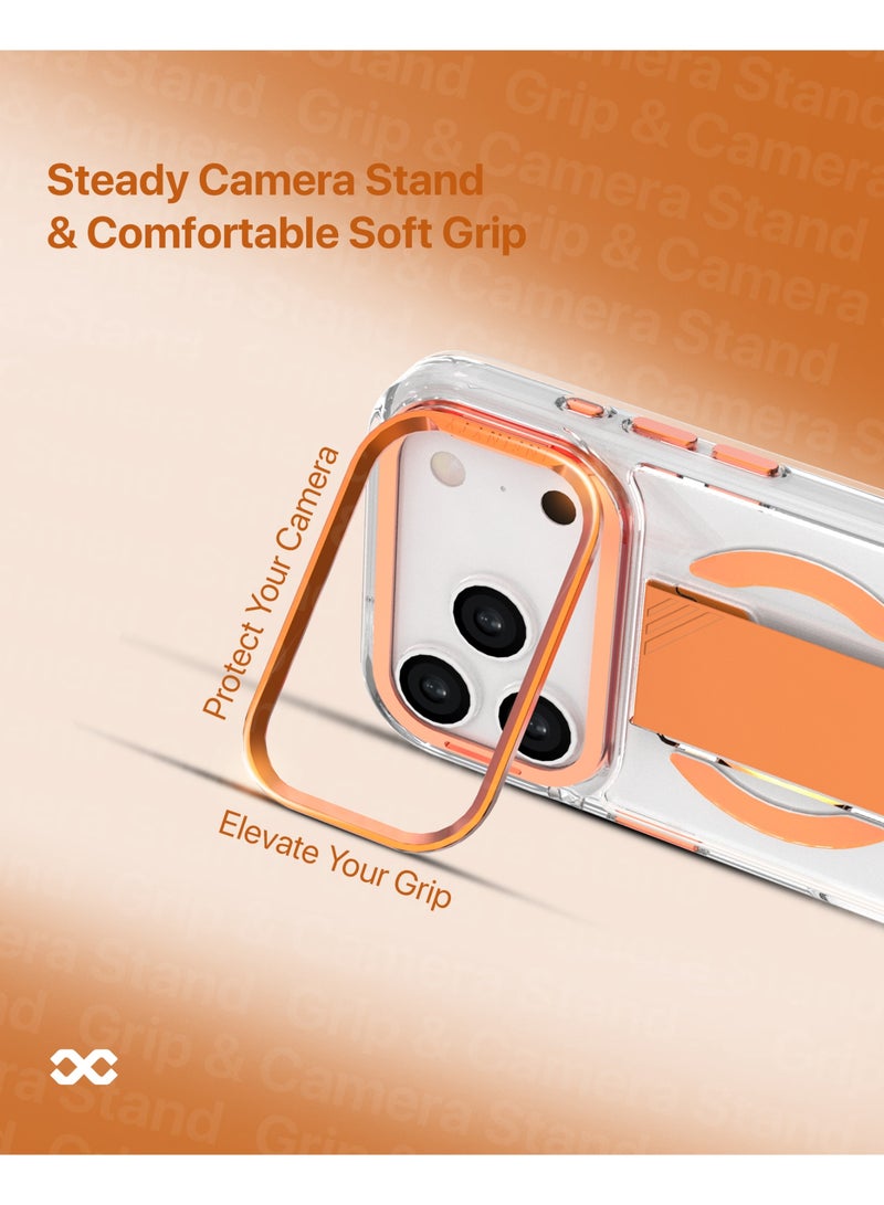 INFINYTY iPhone 17 Pro Clear Case with Soft Orange Grip & Metallic Camera Stand – Grypsta, Premium TPU+PC Build, Anti-Shock Corners, Metallic Buttons, MagSafe Compatible, Raised Camera and Screen Edges, Anti-Yellowing Coating, Durable, Long-Lasting Clarity - Image 2